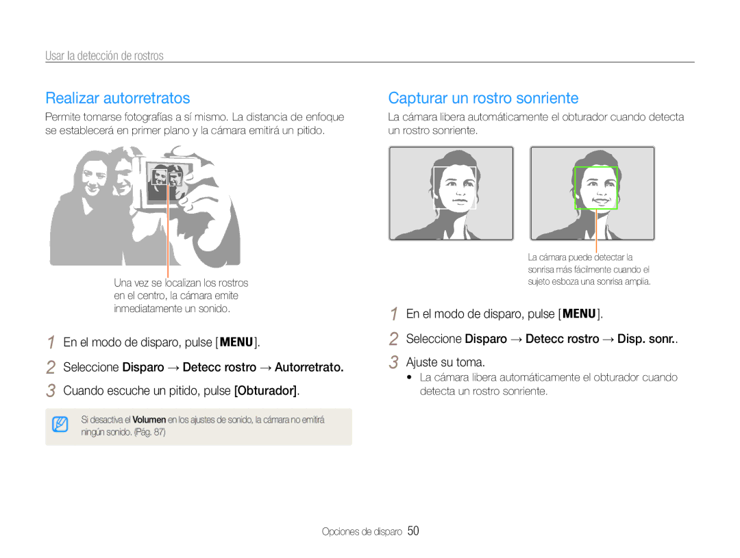 Samsung EC-ST93ZZBPSE1 Realizar autorretratos, Capturar un rostro sonriente, Usar la detección de rostros, Ajuste su toma 