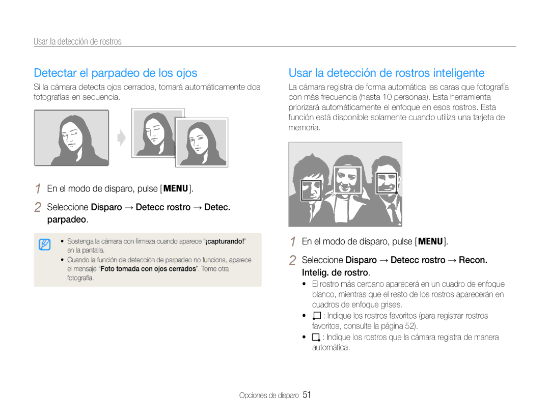 Samsung EC-ST93ZZBPRE1 manual Detectar el parpadeo de los ojos, Usar la detección de rostros inteligente, Parpadeo 