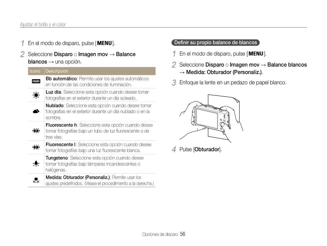 Samsung EC-ST93ZZBPBE1, EC-ST93ZZBPRE1, EC-ST93ZZBPPE1 manual Blancos → una opción, Seleccione Disparo o Imagen mov → Balance 