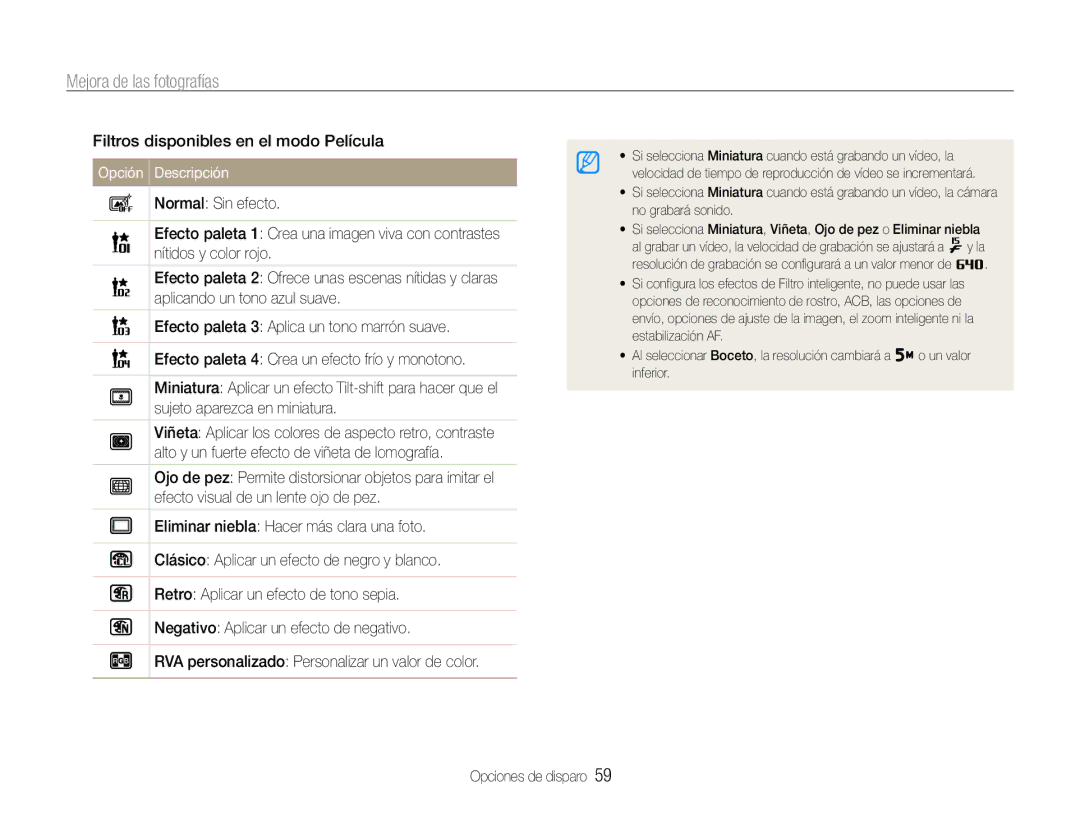Samsung EC-ST93ZZBPRE1, EC-ST93ZZBPBE1, EC-ST93ZZBPPE1 Mejora de las fotografías, Filtros disponibles en el modo Película 
