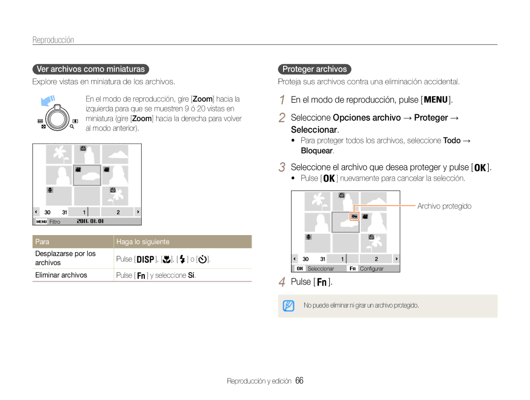 Samsung EC-ST93ZZBPSE1, EC-ST93ZZBPRE1, EC-ST93ZZBPBE1 manual Seleccionar, Ver archivos como miniaturas, Proteger archivos 