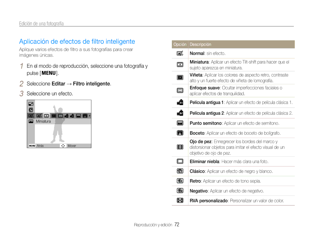 Samsung EC-ST93ZZBPBE1, EC-ST93ZZBPRE1 manual Aplicación de efectos de filtro inteligente, Edición de una fotografía 