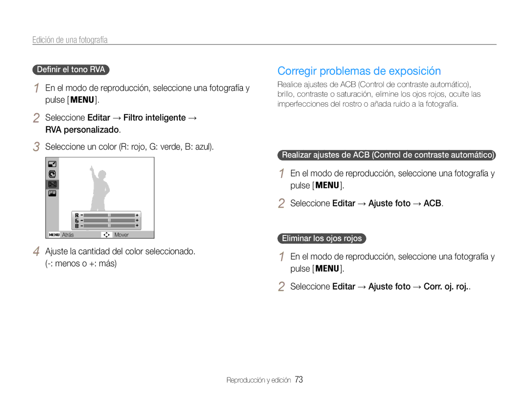 Samsung EC-ST93ZZBPPE1 manual Corregir problemas de exposición, Ajuste la cantidad del color seleccionado. menos o + más 