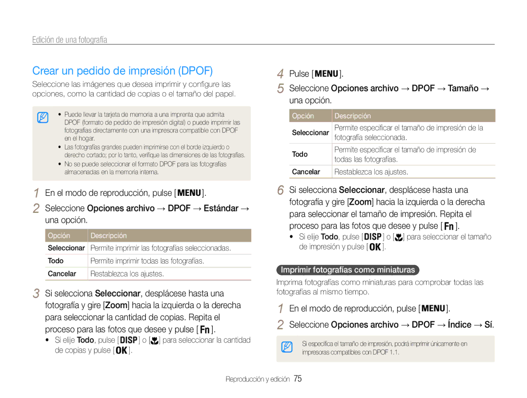 Samsung EC-ST93ZZBPRE1, EC-ST93ZZBPBE1 manual Crear un pedido de impresión Dpof, Imprimir fotografías como miniaturas 