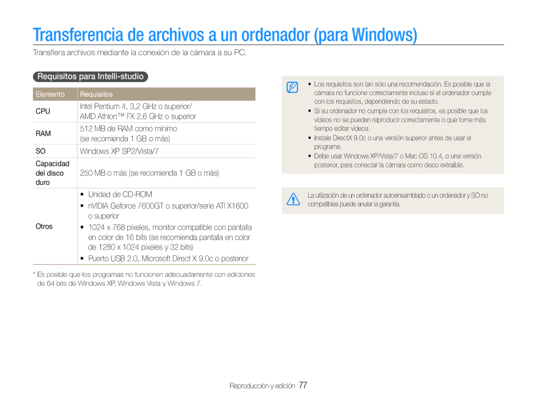 Samsung EC-ST93ZZBPPE1 manual Transferencia de archivos a un ordenador para Windows, Requisitos para Intelli-studio 