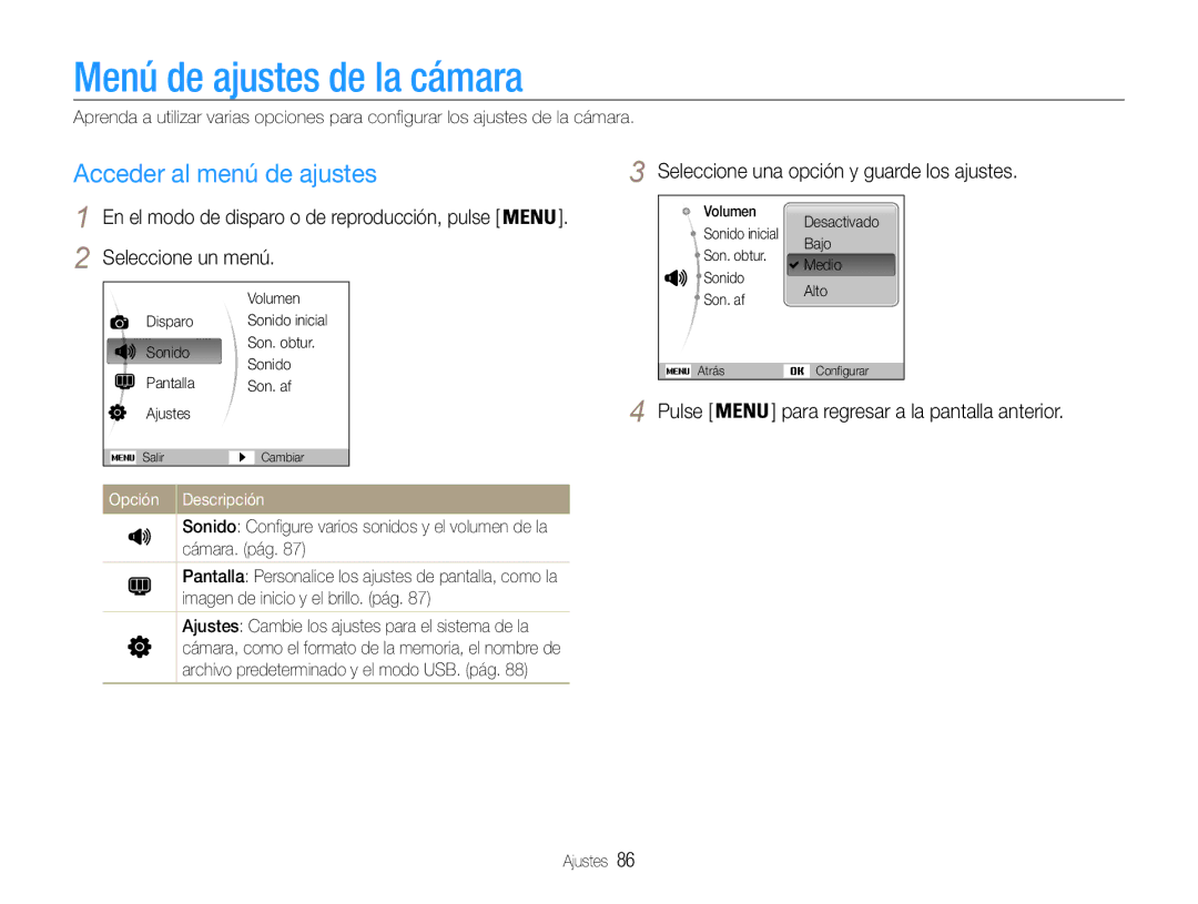 Samsung EC-ST93ZZBPSE1 manual Menú de ajustes de la cámara, Acceder al menú de ajustes, Seleccione un menú, Ajustes 