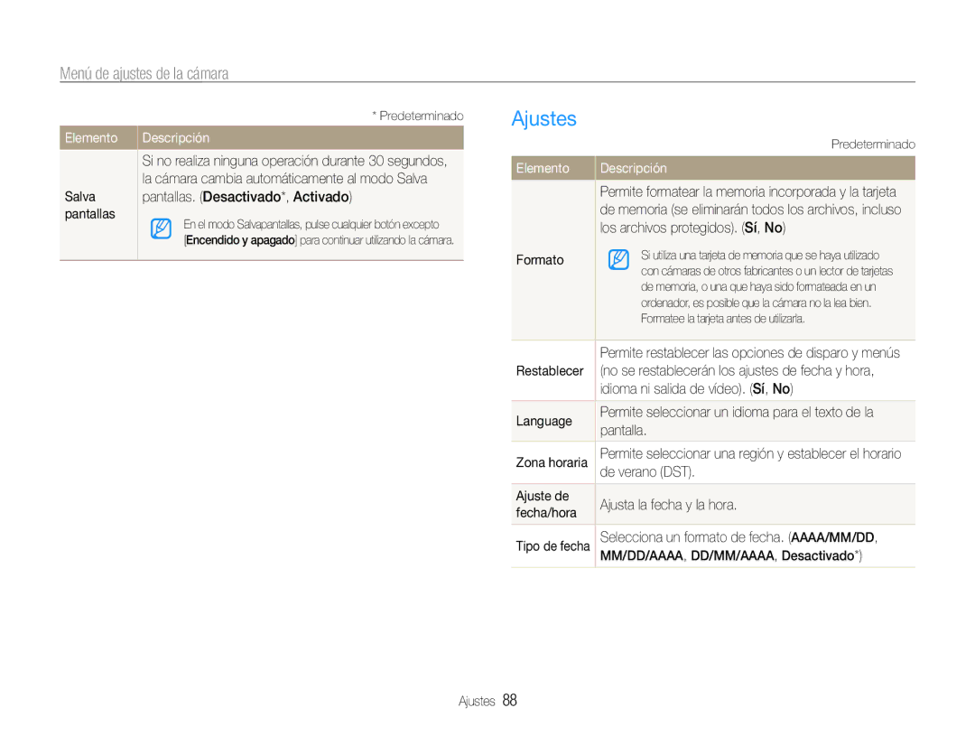 Samsung EC-ST93ZZBPBE1, EC-ST93ZZBPRE1, EC-ST93ZZBPPE1, EC-ST93ZZBPSE1 manual Ajustes 