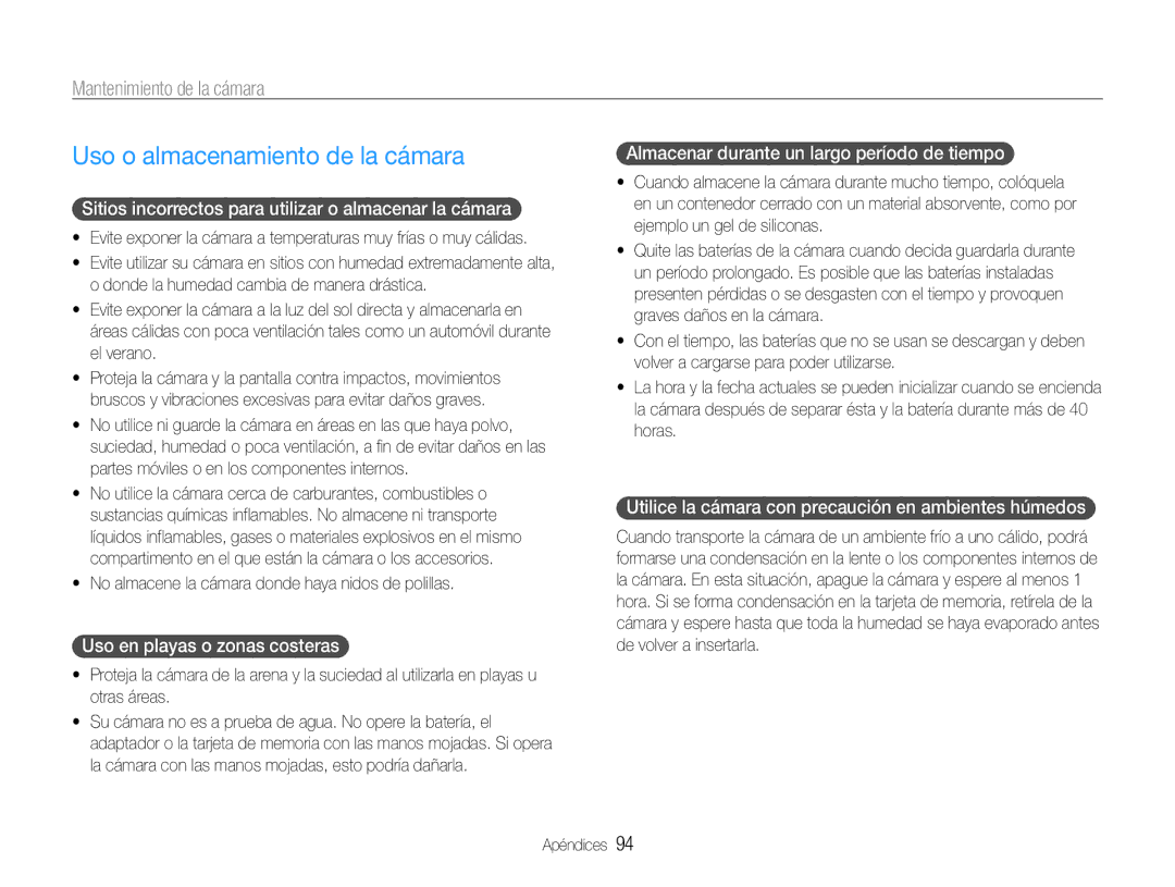 Samsung EC-ST93ZZBPSE1, EC-ST93ZZBPRE1, EC-ST93ZZBPBE1 manual Uso o almacenamiento de la cámara, Mantenimiento de la cámara 