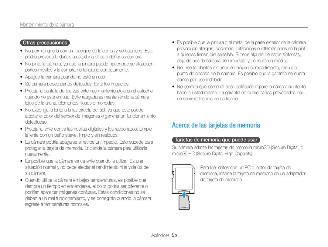 Samsung EC-ST93ZZBPRE1 manual Acerca de las tarjetas de memoria, Otras precauciones, Tarjetas de memoria que puede usar 