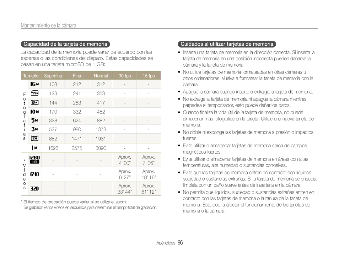 Samsung EC-ST93ZZBPBE1, EC-ST93ZZBPRE1 manual Capacidad de la tarjeta de memoria, Cuidados al utilizar tarjetas de memoria 