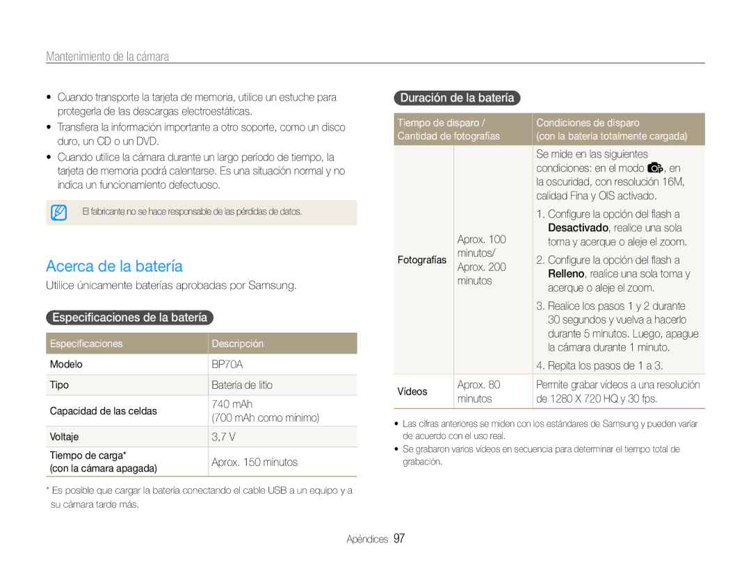 Samsung EC-ST93ZZBPPE1, EC-ST93ZZBPRE1 manual Acerca de la batería, Especificaciones de la batería, Duración de la batería 