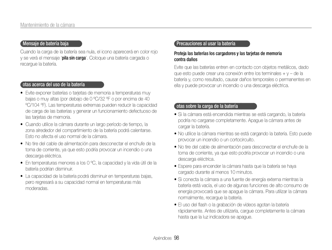 Samsung EC-ST93ZZBPSE1 manual Mensaje de batería baja, Notas acerca del uso de la batería, Precauciones al usar la batería 