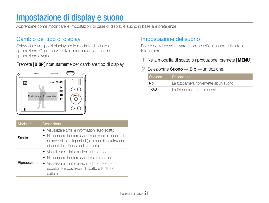 Samsung EC-ST93ZZBPPE1 manual Impostazione di display e suono, Cambio del tipo di display, Impostazione del suono, Modalità 