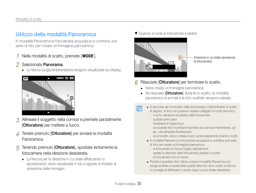 Samsung EC-ST93ZZBPRE1 manual Utilizzo della modalità Panoramica, Selezionate Panorama, Viene creata un’immagine panoramica 