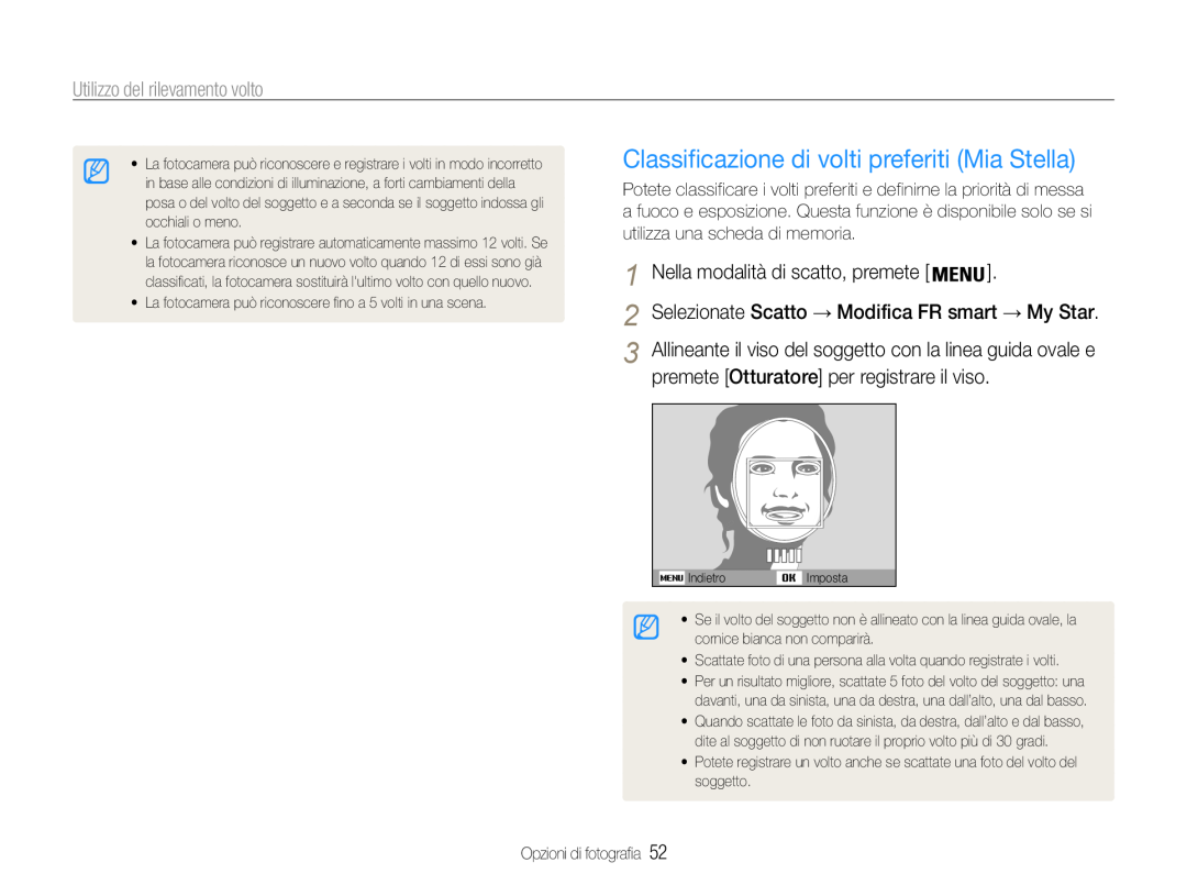 Samsung EC-ST93ZZBPBE1 manual Classificazione di volti preferiti Mia Stella, premete Otturatore per registrare il viso 