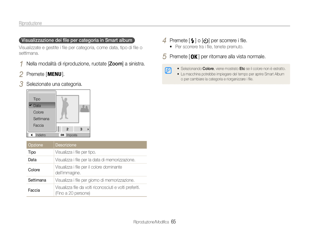 Samsung EC-ST93ZZBPPE1 manual Selezionate una categoria, Premete o per scorrere i file, Riproduzione, Opzione, Descrizione 