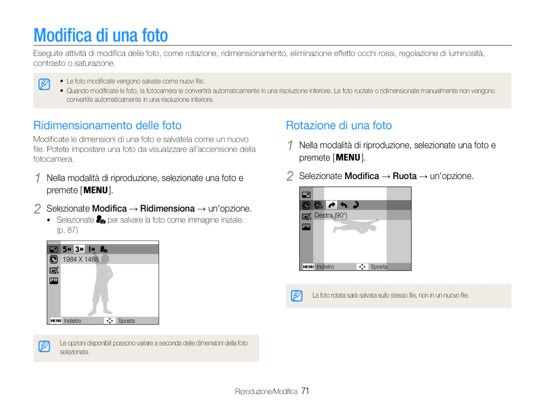 Samsung EC-ST93ZZBPRE1 manual Modifica di una foto, Ridimensionamento delle foto, Rotazione di una foto, Selezionate 
