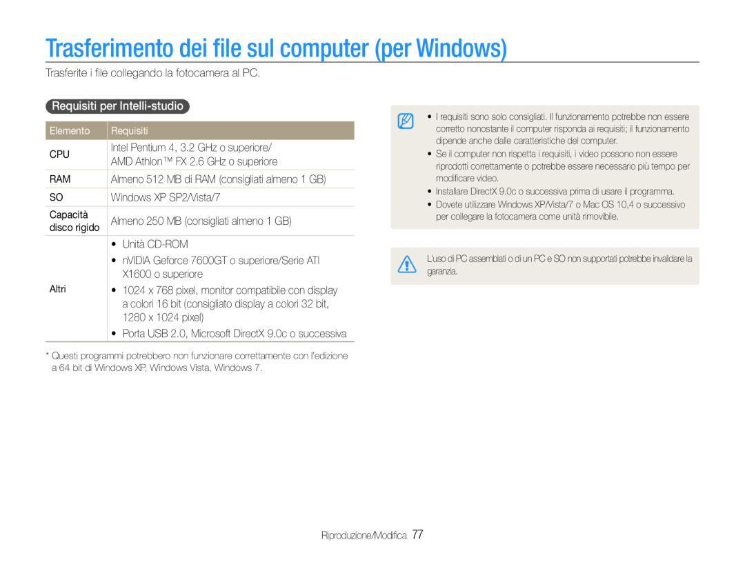 Samsung EC-ST93ZZBPPE1 manual Trasferimento dei file sul computer per Windows, Requisiti per Intelli-studio, Elemento 