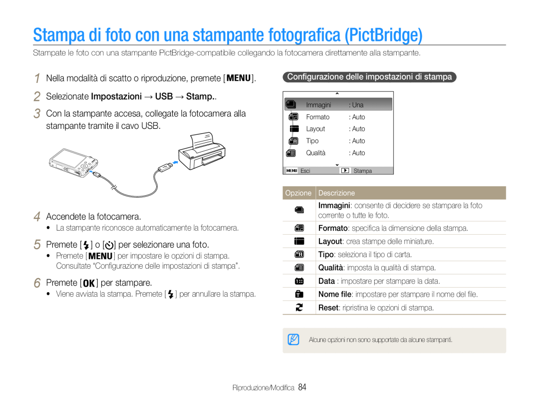 Samsung EC-ST93ZZBPBE1 Stampa di foto con una stampante fotografica PictBridge, Accendete la fotocamera, per stampare 