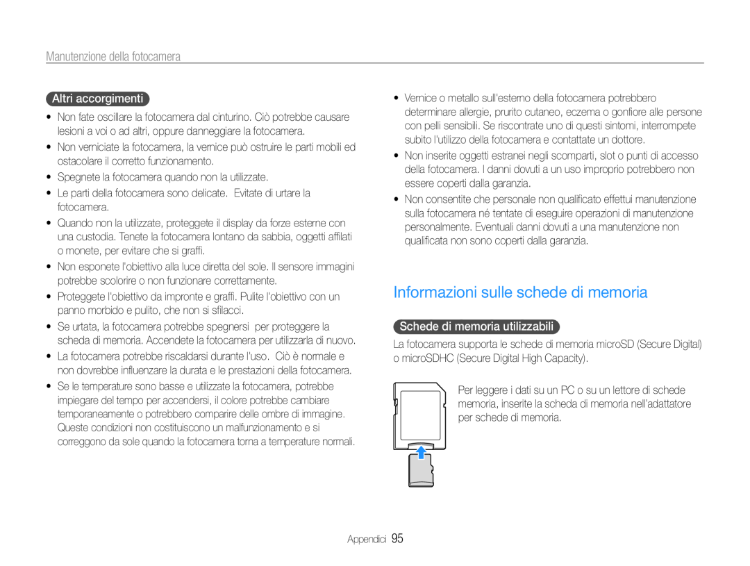 Samsung EC-ST93ZZBPRE1 manual Informazioni sulle schede di memoria, Altri accorgimenti, Schede di memoria utilizzabili 