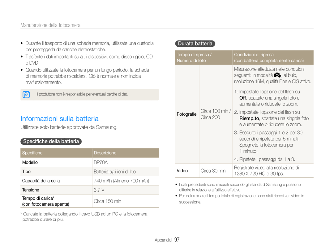 Samsung EC-ST93ZZBPPE1 manual Informazioni sulla batteria, Specifiche della batteria, Durata batteria, Descrizione 