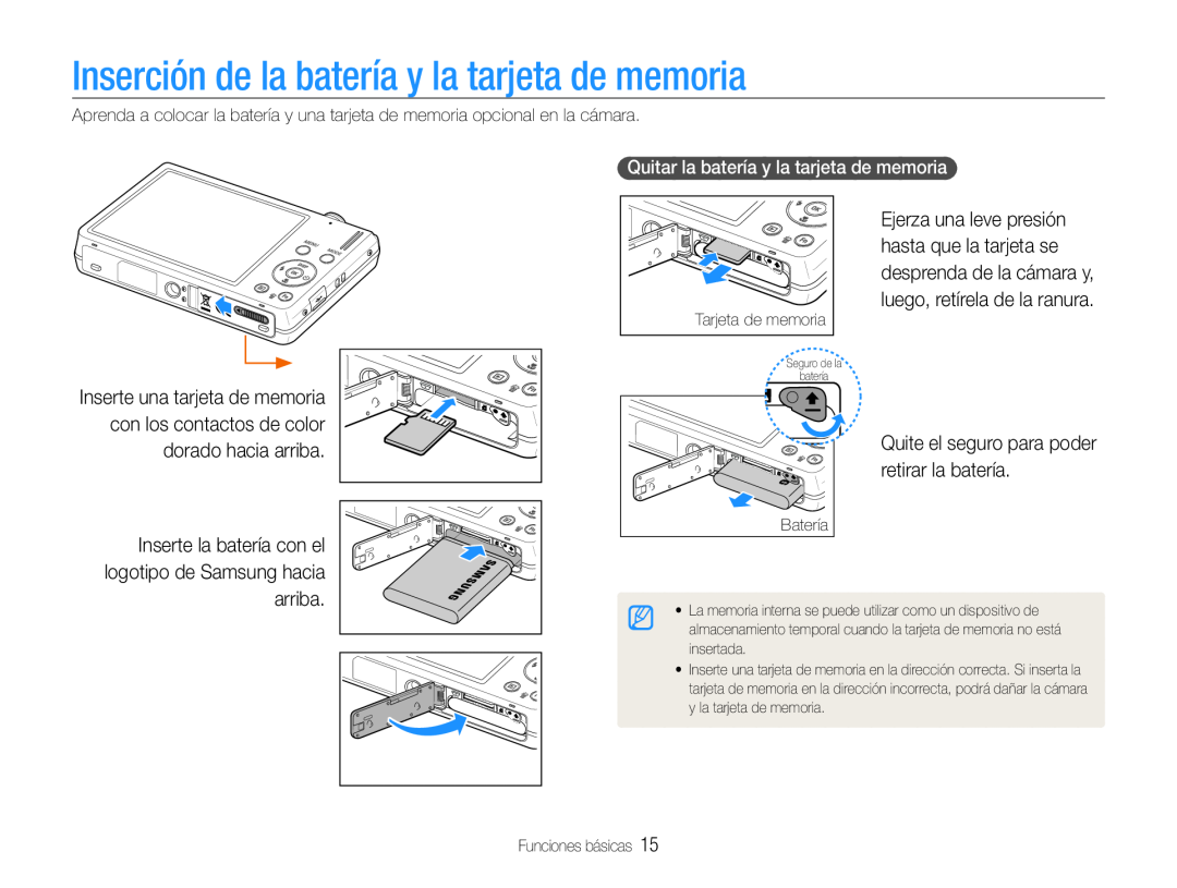 Samsung EC-ST93ZZBPRE1 Inserción de la batería y la tarjeta de memoria, Quite el seguro para poder retirar la batería 