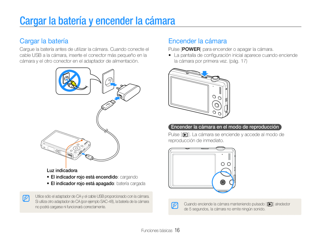 Samsung EC-ST93ZZBPBE1, EC-ST93ZZBPRE1, EC-ST93ZZBPPE1 manual Cargar la batería y encender la cámara, Encender la cámara 