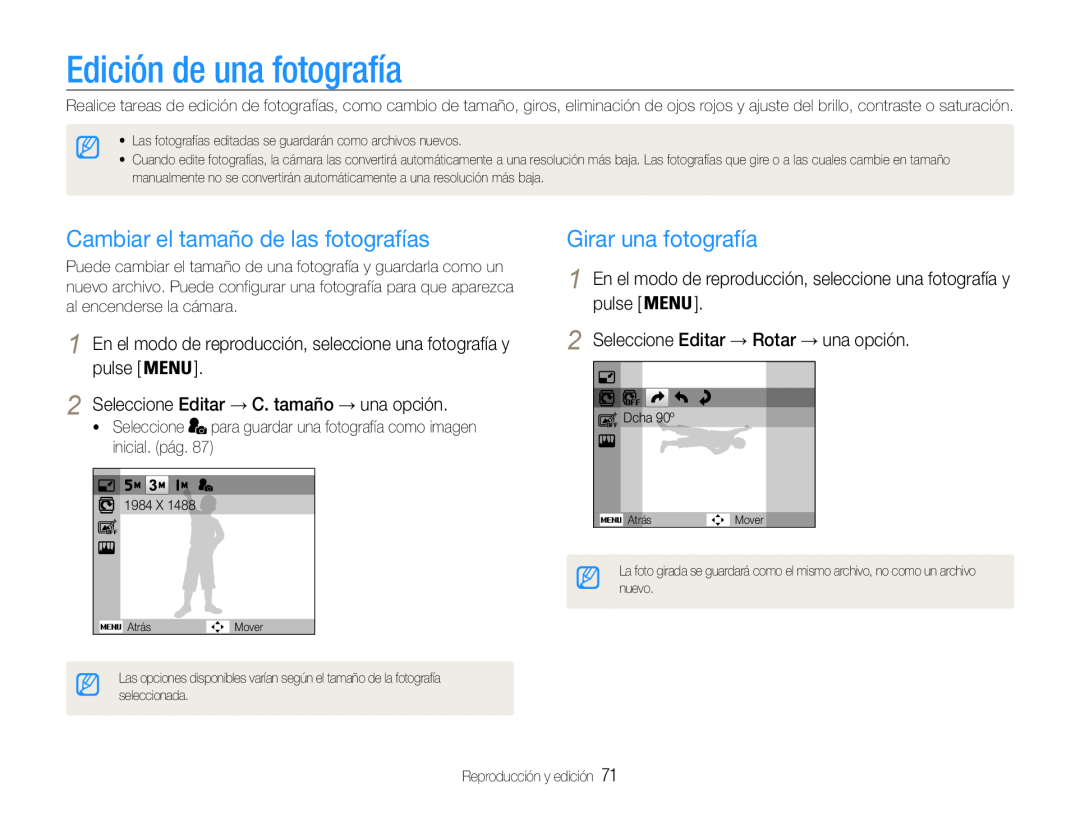 Samsung EC-ST93ZZBPRE1 manual Edición de una fotografía, Cambiar el tamaño de las fotografías, Girar una fotografía 
