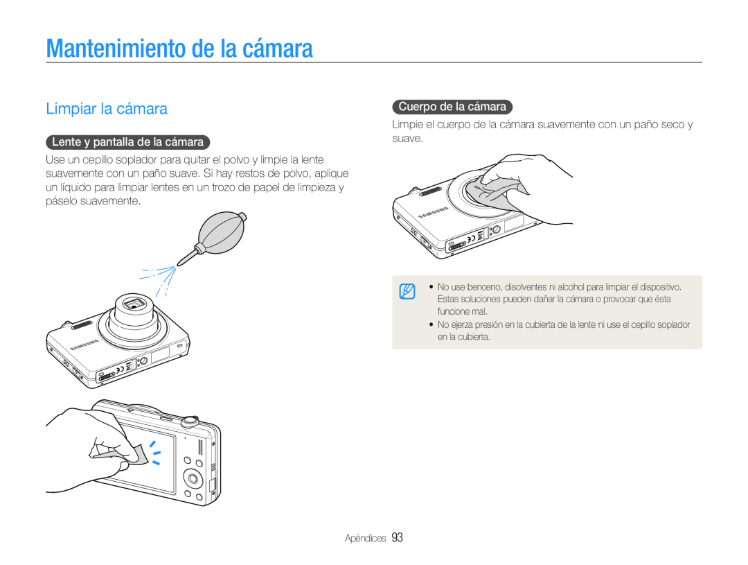 Samsung EC-ST93ZZBPPE1 Mantenimiento de la cámara, Limpiar la cámara, Lente y pantalla de la cámara, Cuerpo de la cámara 