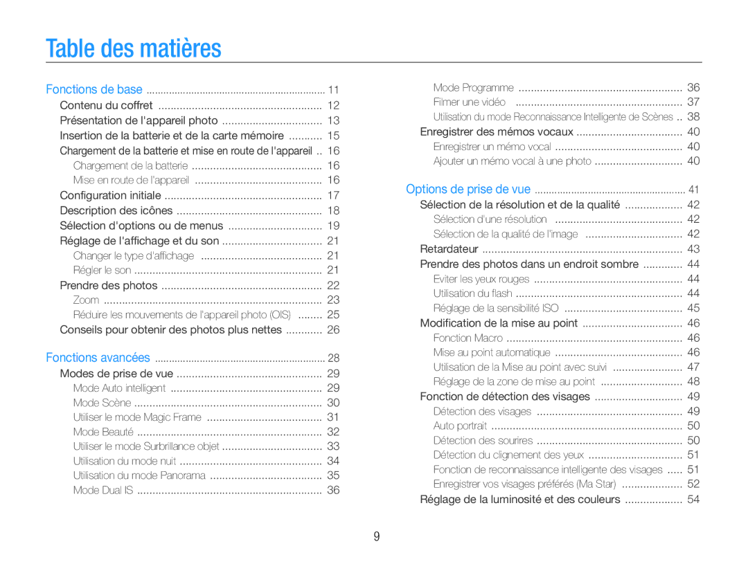 Samsung EC-ST93ZZBPRE1, EC-ST93ZZBPBE1 manual Table des matières, Conseils pour obtenir des photos plus nettes 