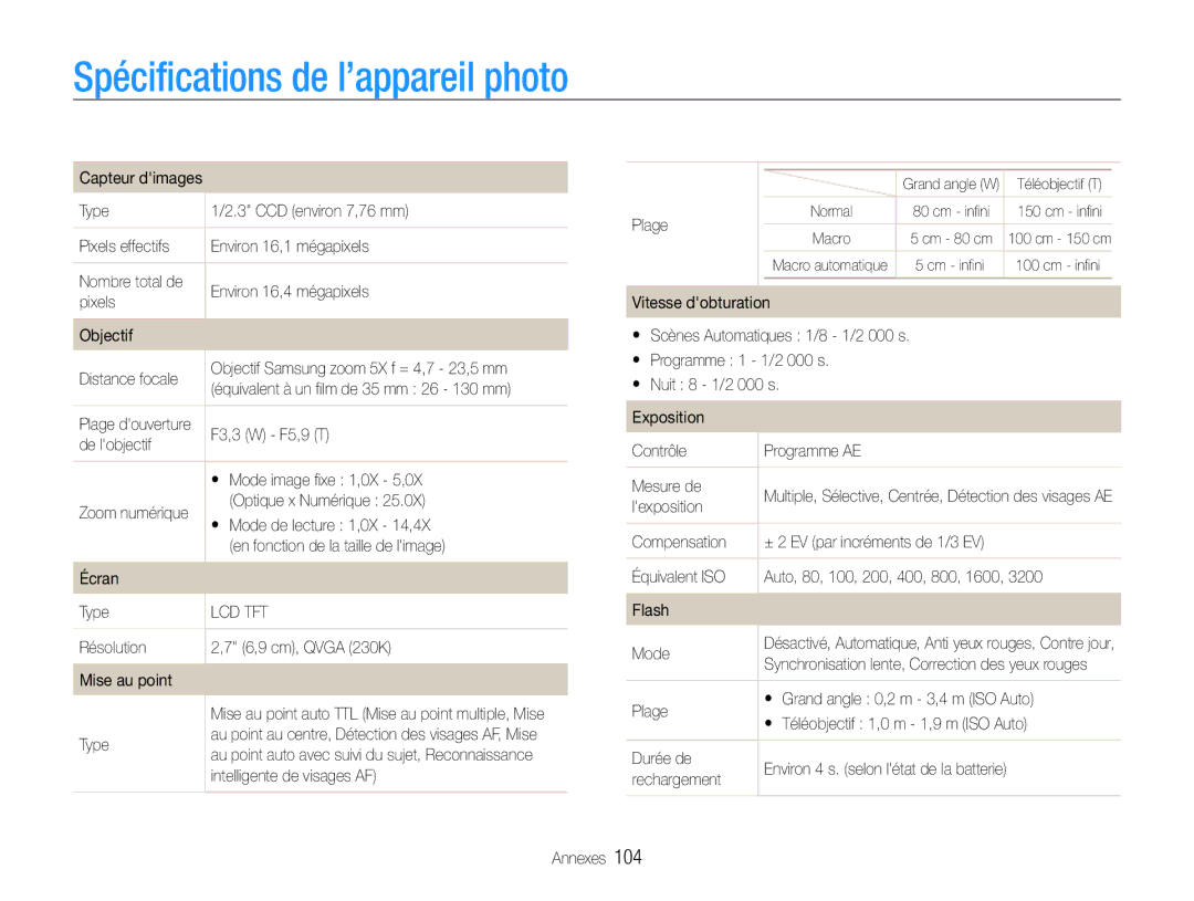 Samsung EC-ST93ZZBPBE1, EC-ST93ZZBPRE1 manual Spécifications de l’appareil photo 