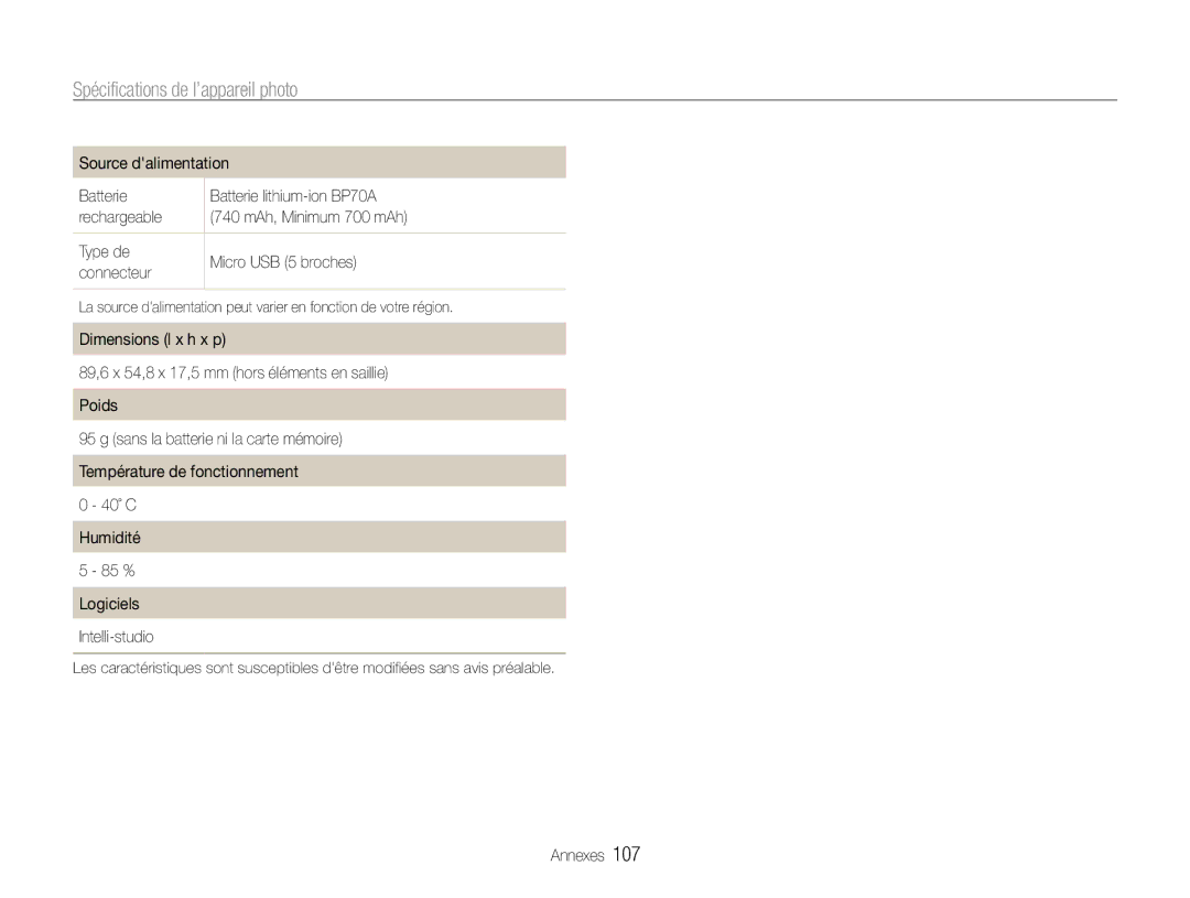 Samsung EC-ST93ZZBPRE1, EC-ST93ZZBPBE1 manual Spécifications de l’appareil photo 