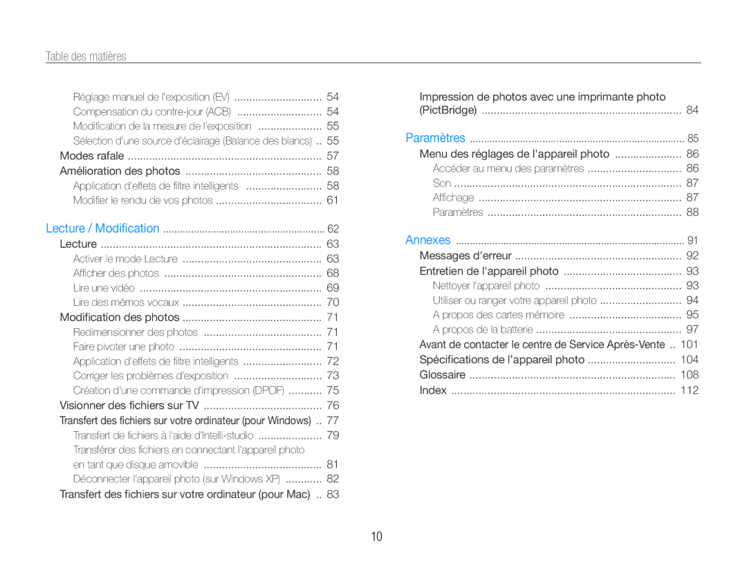 Samsung EC-ST93ZZBPBE1, EC-ST93ZZBPRE1 manual Table des matières, Impression de photos avec une imprimante photo 