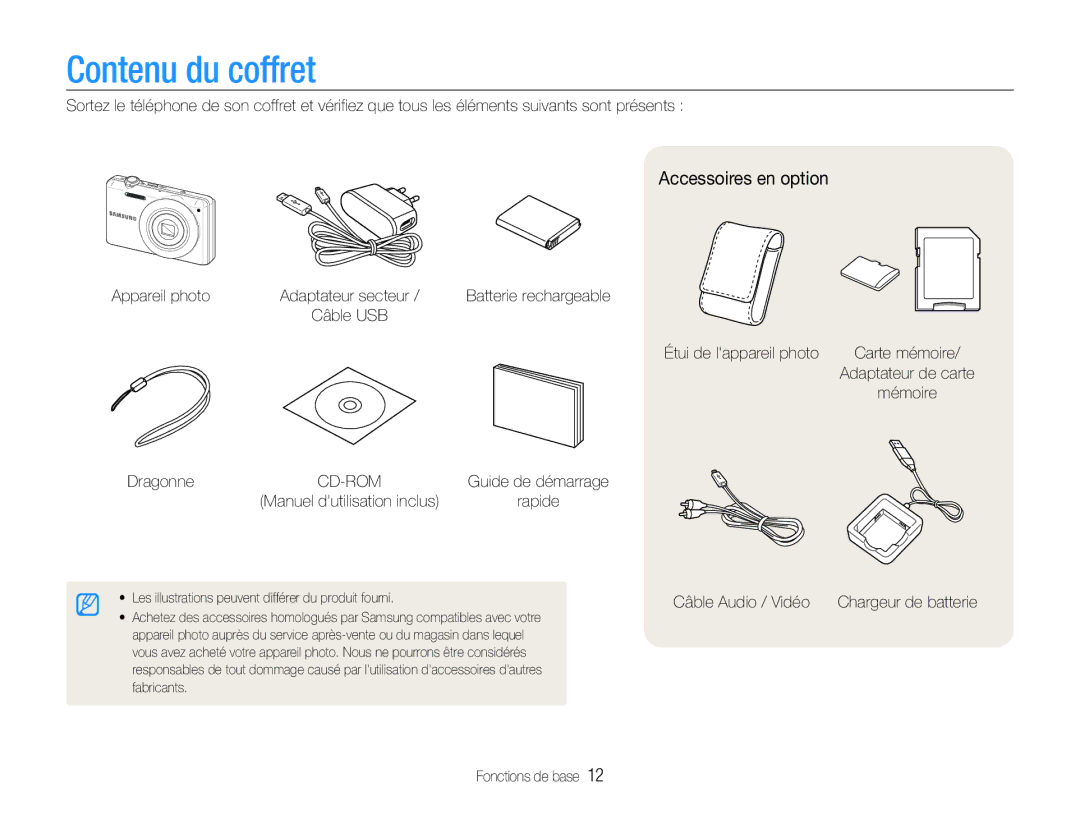 Samsung EC-ST93ZZBPBE1, EC-ST93ZZBPRE1 manual Contenu du coffret, Accessoires en option 