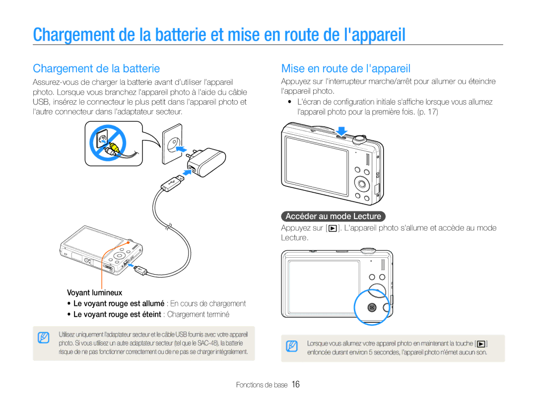 Samsung EC-ST93ZZBPBE1, EC-ST93ZZBPRE1 Chargement de la batterie et mise en route de lappareil, Mise en route de lappareil 