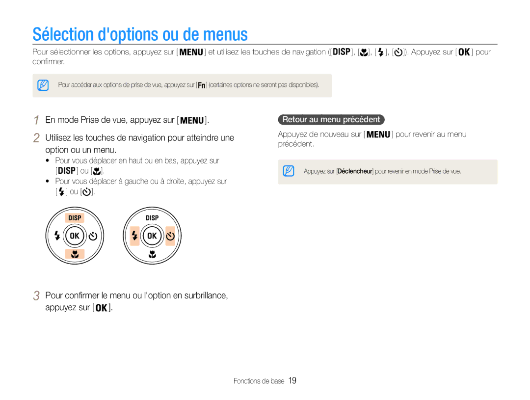 Samsung EC-ST93ZZBPRE1, EC-ST93ZZBPBE1 manual Sélection doptions ou de menus, Option ou un menu, Retour au menu précédent 