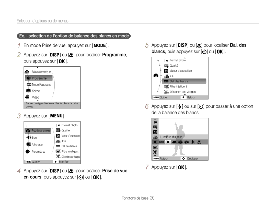 Samsung EC-ST93ZZBPBE1 Sélection doptions ou de menus, Appuyez sur, Ex. sélection de loption de balance des blancs en mode 