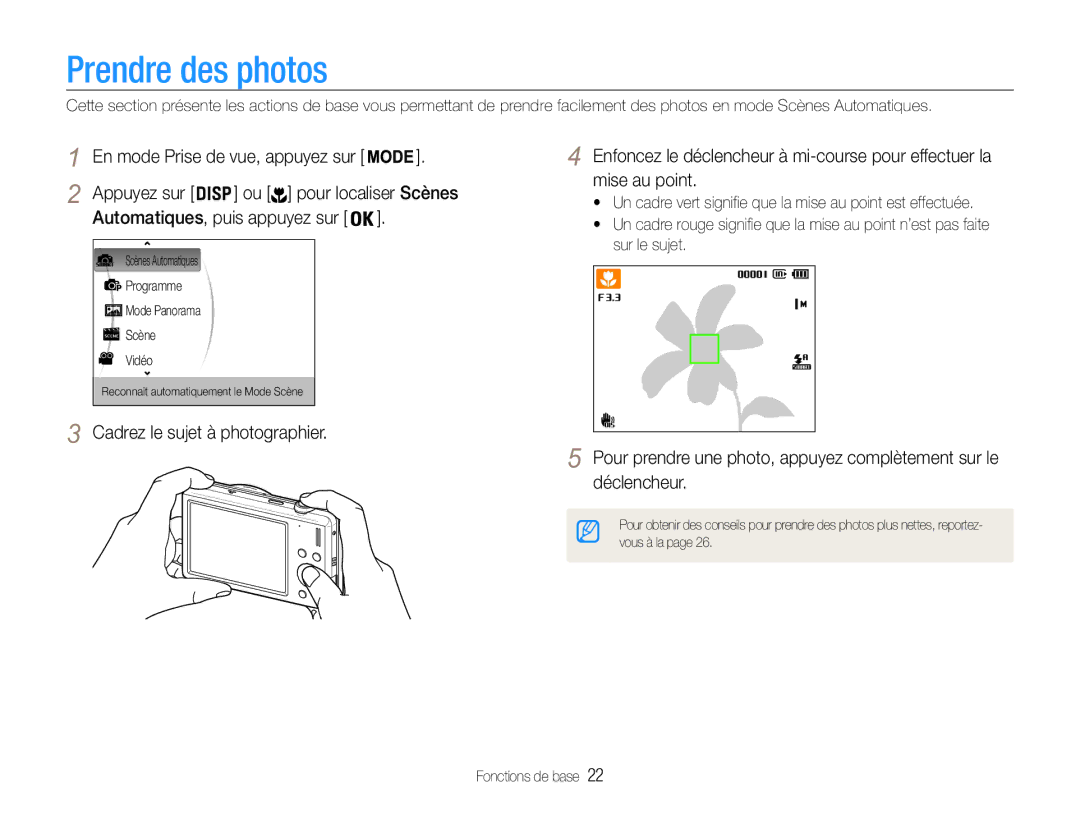 Samsung EC-ST93ZZBPBE1, EC-ST93ZZBPRE1 manual Prendre des photos, Ou pour localiser Scènes, Automatiques, puis appuyez sur 