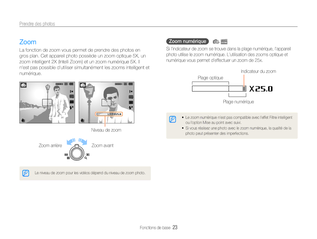 Samsung EC-ST93ZZBPRE1 manual Prendre des photos, Zoom numérique, Indicateur du zoom Plage optique Plage numérique 