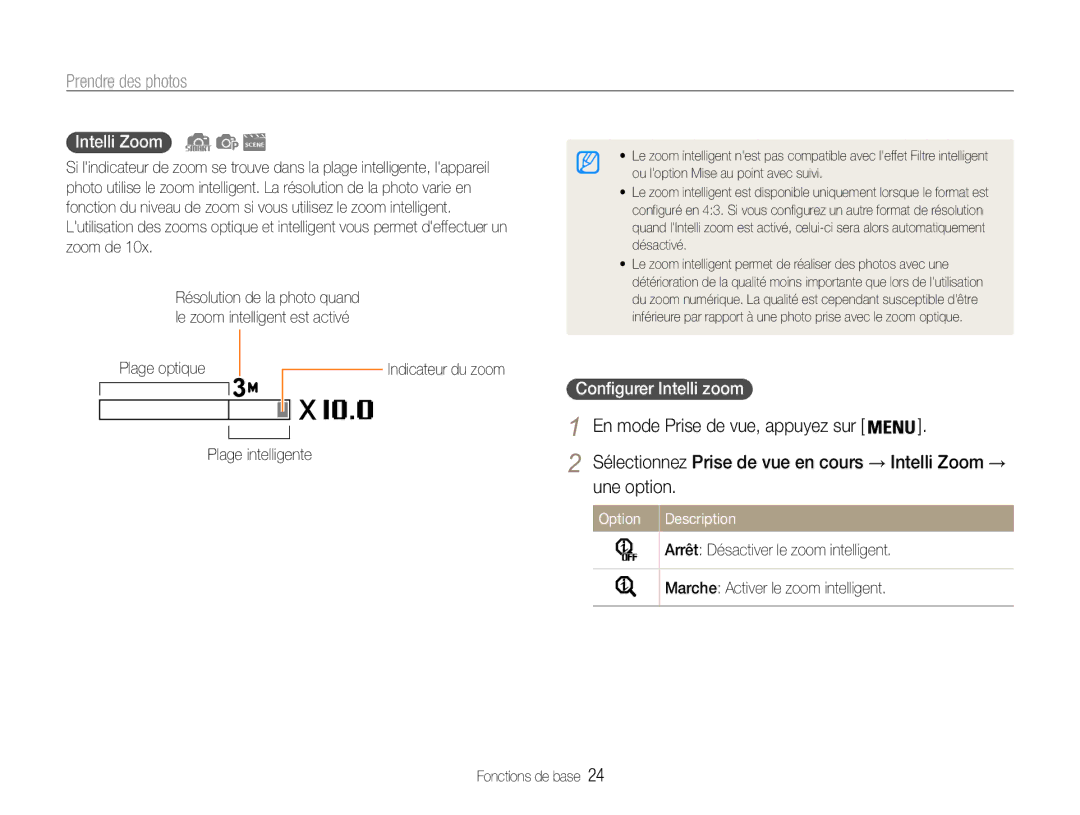 Samsung EC-ST93ZZBPBE1, EC-ST93ZZBPRE1 manual Une option, Intelli Zoom, Plage intelligente, Configurer Intelli zoom 