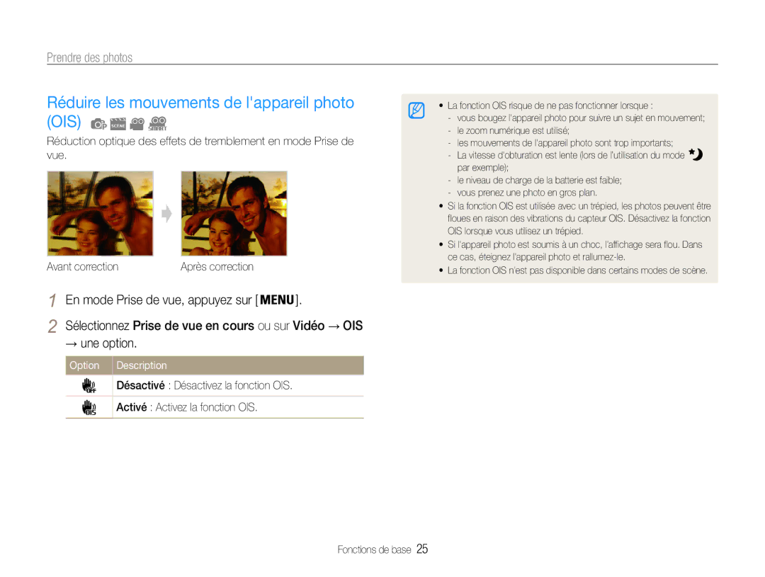 Samsung EC-ST93ZZBPRE1, EC-ST93ZZBPBE1 manual Réduire les mouvements de lappareil photo OIS, → une option 