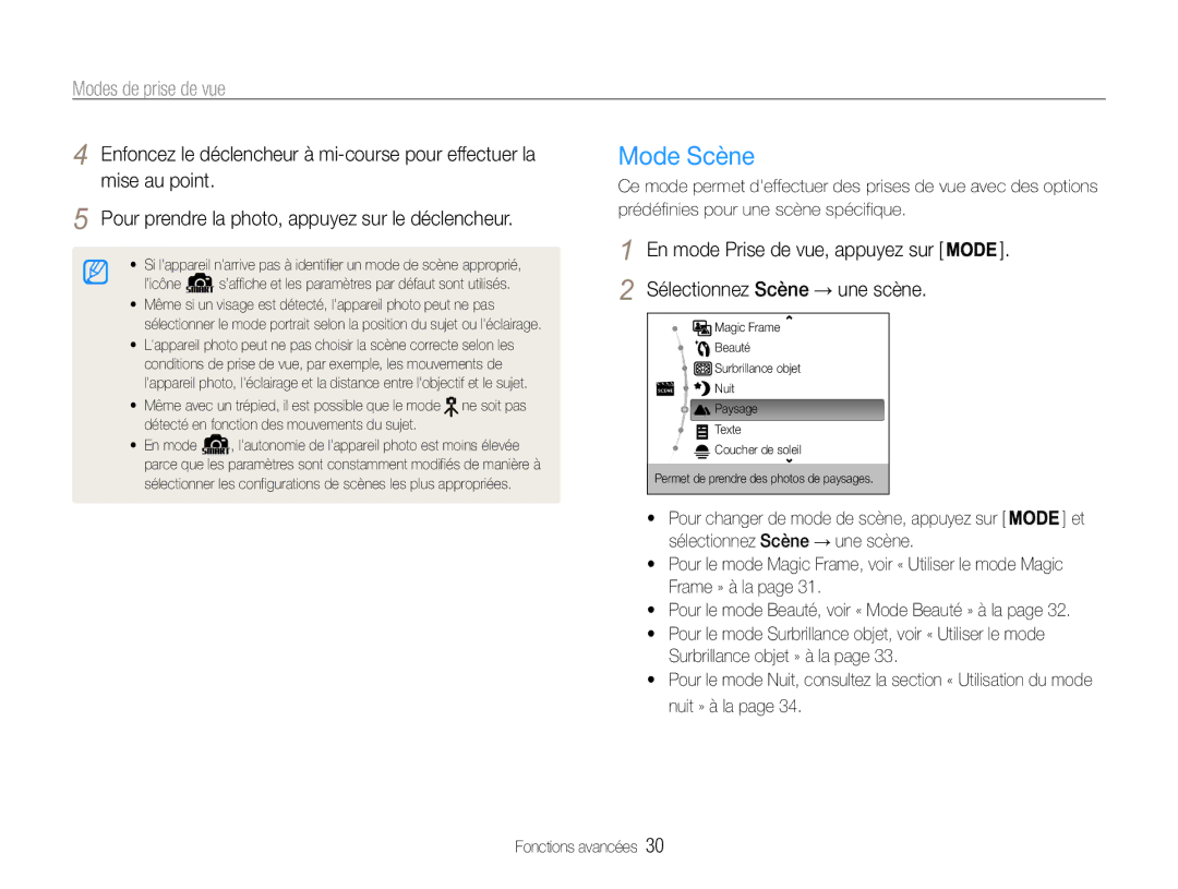 Samsung EC-ST93ZZBPBE1, EC-ST93ZZBPRE1 manual Mode Scène, Modes de prise de vue, Sélectionnez Scène → une scène 