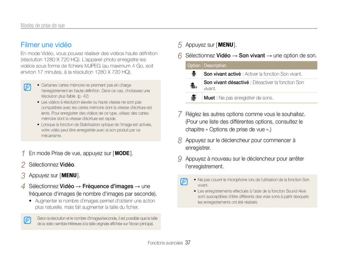 Samsung EC-ST93ZZBPRE1, EC-ST93ZZBPBE1 manual Filmer une vidéo, Sélectionnez Vidéo → Fréquence dimages → une 