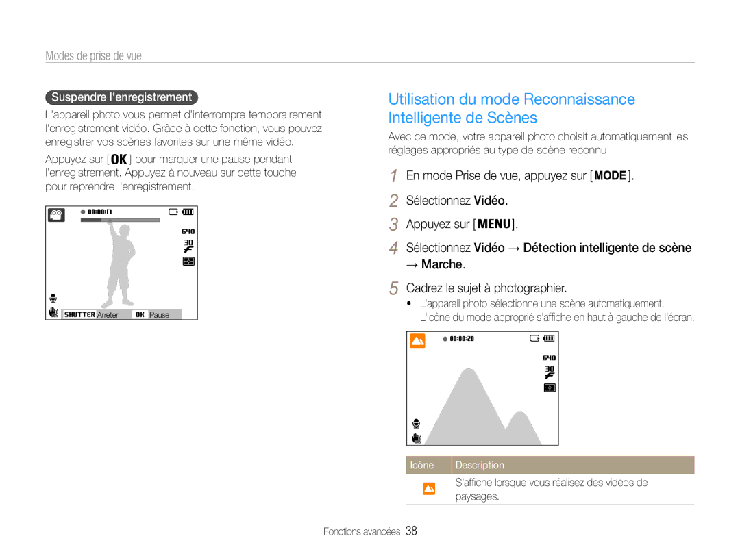 Samsung EC-ST93ZZBPBE1 Utilisation du mode Reconnaissance Intelligente de Scènes, → Marche Cadrez le sujet à photographier 