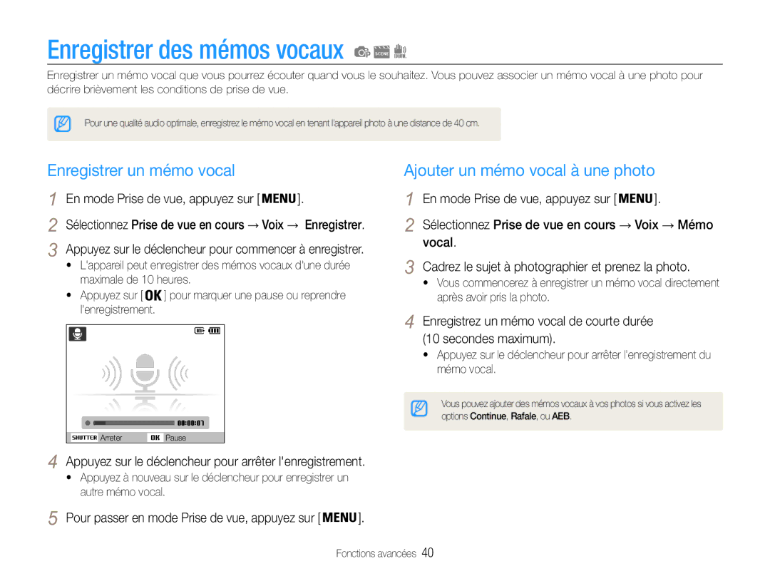 Samsung EC-ST93ZZBPBE1 manual Enregistrer des mémos vocaux, Enregistrer un mémo vocal, Ajouter un mémo vocal à une photo 