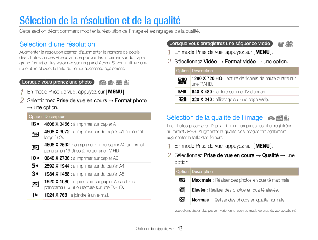 Samsung EC-ST93ZZBPBE1, EC-ST93ZZBPRE1 manual Sélection de la résolution et de la qualité, Sélection dune résolution, Option 