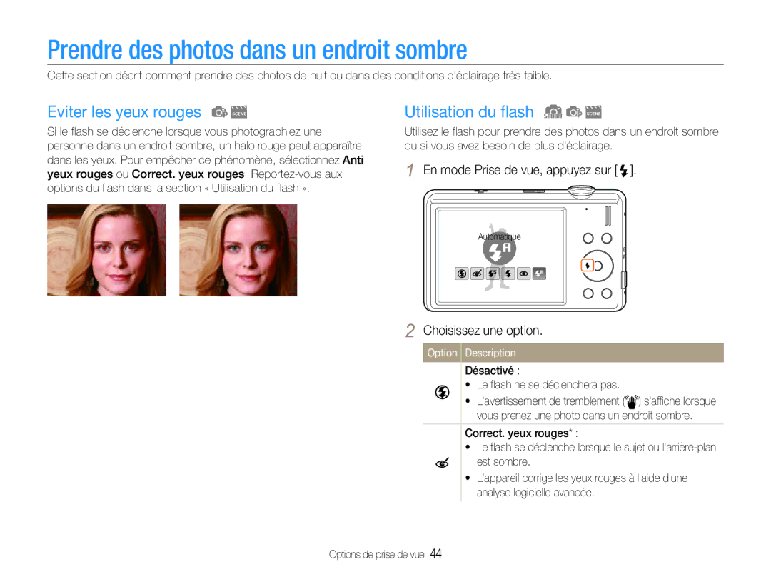 Samsung EC-ST93ZZBPBE1 manual Prendre des photos dans un endroit sombre, Eviter les yeux rouges, Utilisation du flash 