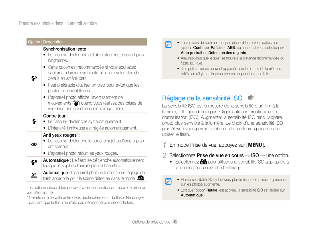 Samsung EC-ST93ZZBPRE1, EC-ST93ZZBPBE1 manual Réglage de la sensibilité ISO, Prendre des photos dans un endroit sombre 