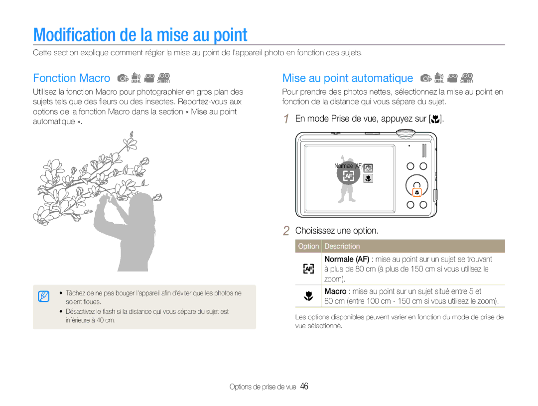 Samsung EC-ST93ZZBPBE1, EC-ST93ZZBPRE1 manual Modification de la mise au point, Fonction Macro, Mise au point automatique 