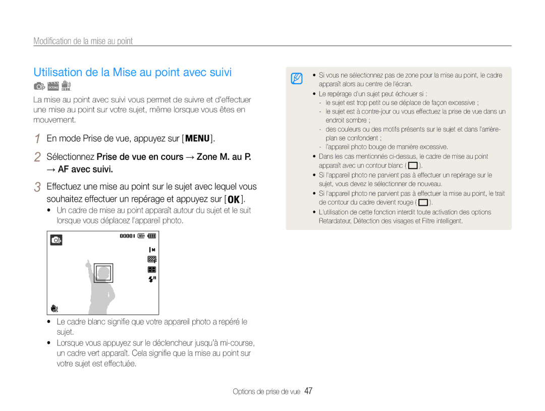 Samsung EC-ST93ZZBPRE1 manual Utilisation de la Mise au point avec suivi, Modification de la mise au point, → AF avec suivi 